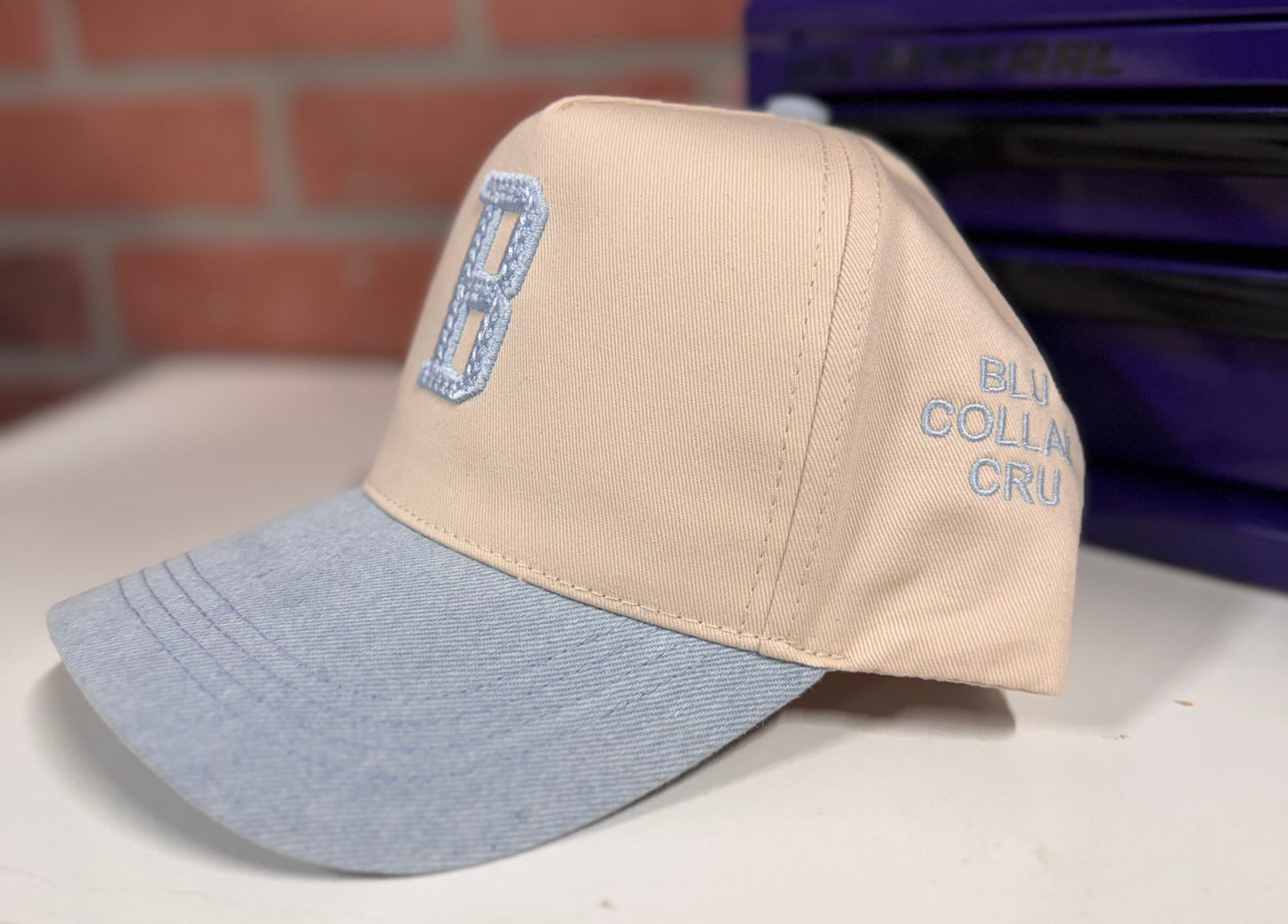 Blu Collar Cru “B Bold” Hat – Jean Blue & Tan Edition